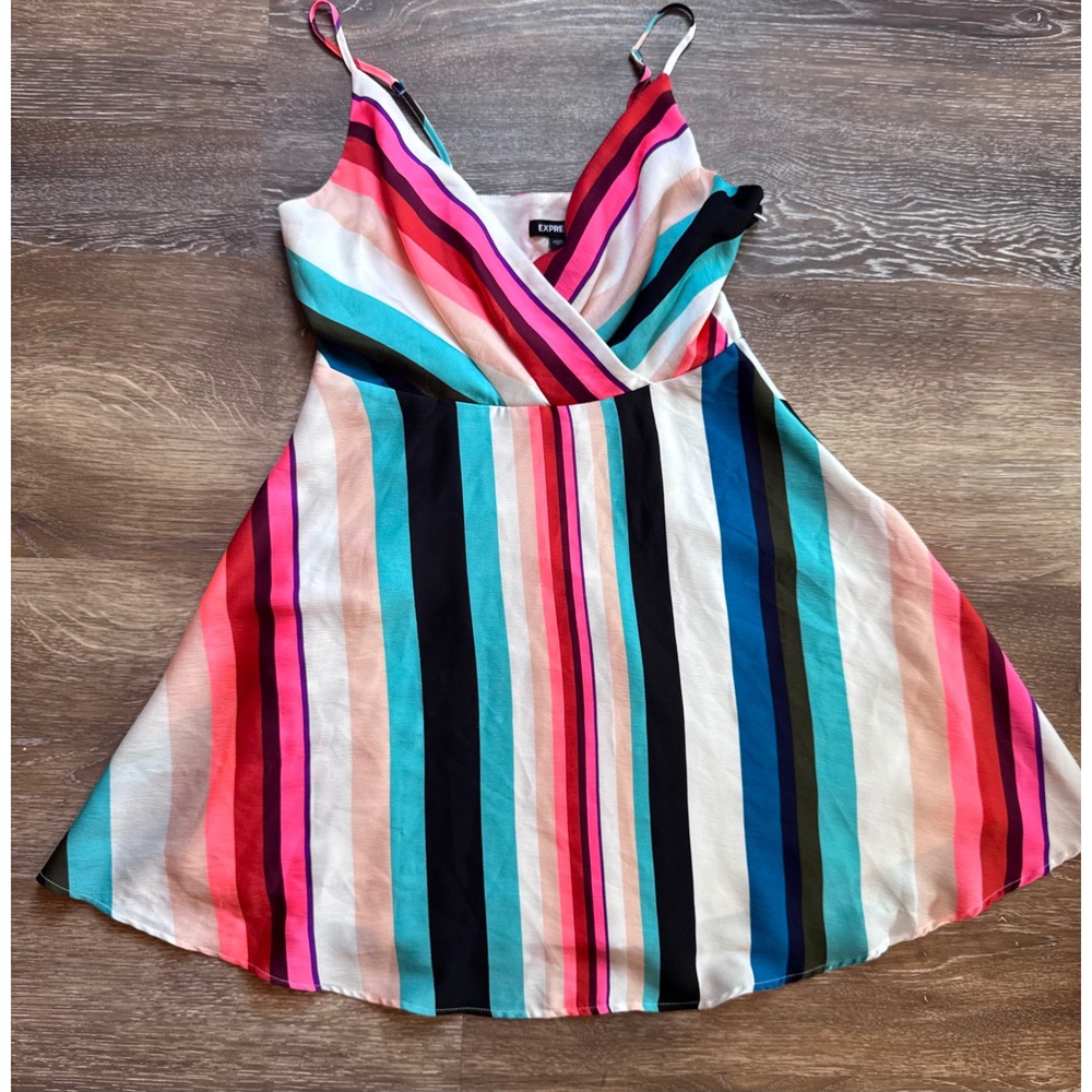 Express Y2K Multi Color Striped Surplice Mini Dress Womens Medium Fit & Flare